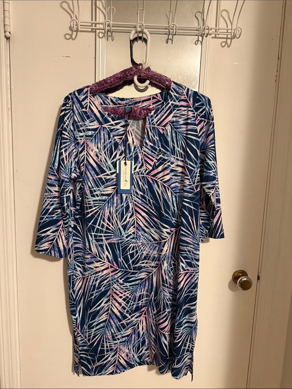 Navy Palm-Print Shift Dress - Brand: Unbranded